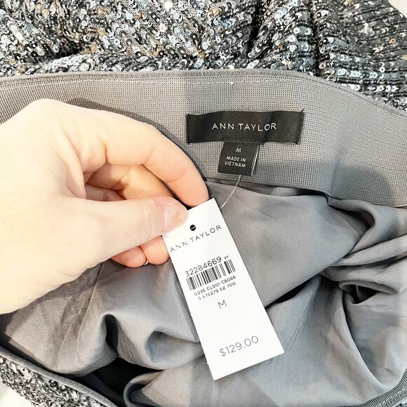 Ann Taylor Embellished Sequin High Waisted Pencil Slip Midi Skirt Silver Medium - Picture 3 of 5